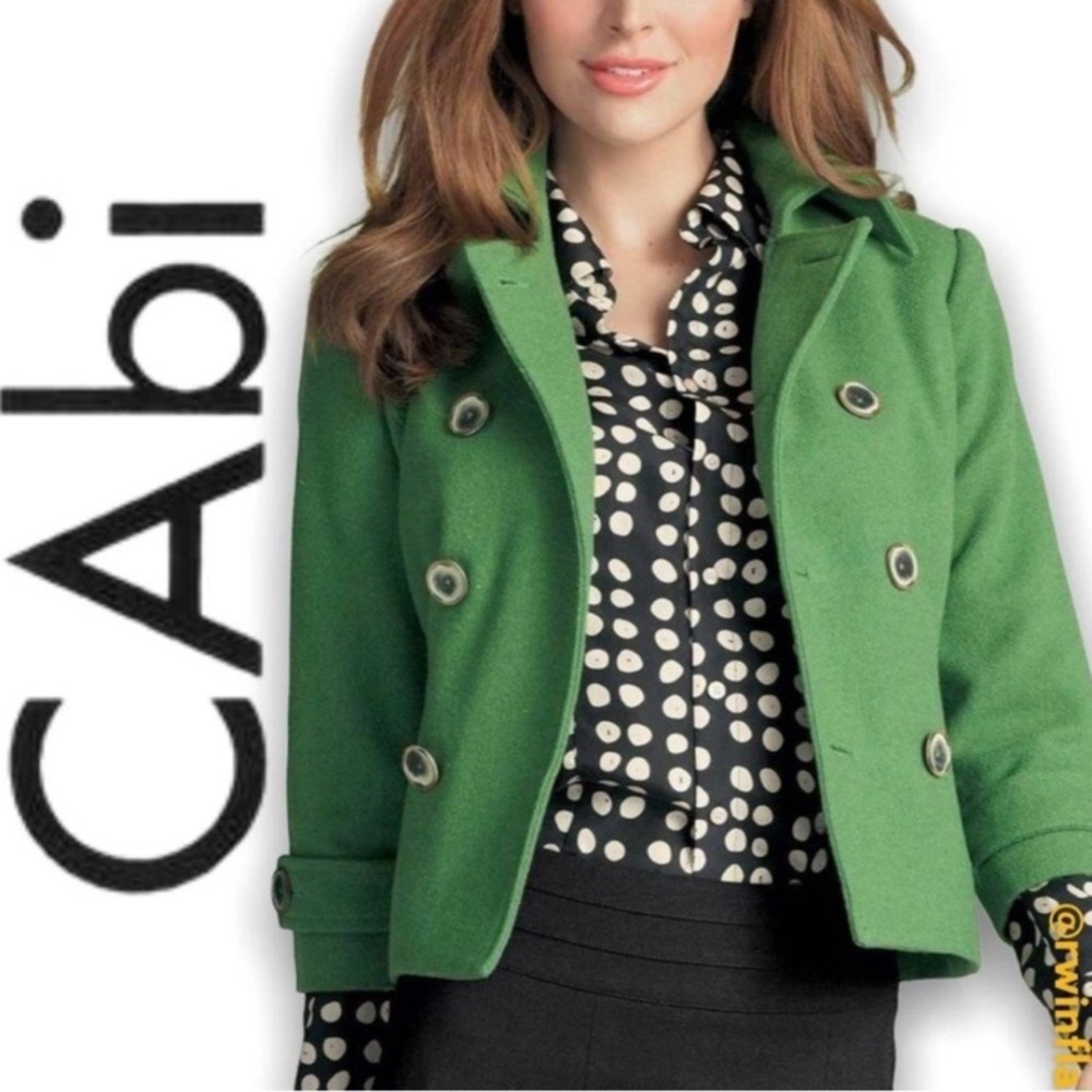 CAbi Green Wool Blend Double Breasted Cropped Pea Coat, Size S